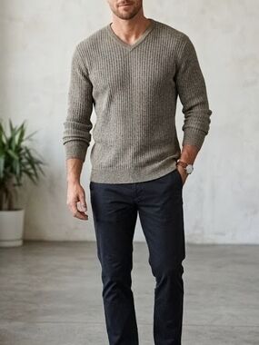 Vintage Reunion Men's V-Neck Ribbed Cotton  Sweater - Gray Extra Large